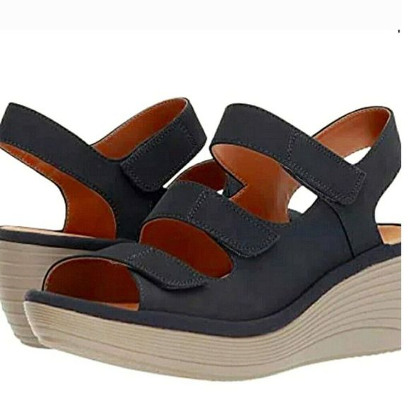Clarks Shoes - Clarks Collection Soft Cushion Blue Wedge Heel Sandal Womens Suede Shoes Size 8M